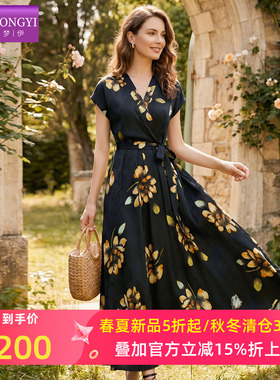 菲梦伊黑色印花连衣裙女短袖夏季法式独特高级感收腰系带V领裙子