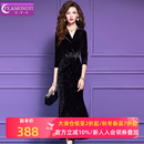 菲梦伊原创钉珠镶钻金丝绒连衣裙女秋装 轻熟高级收腰性感礼服长裙