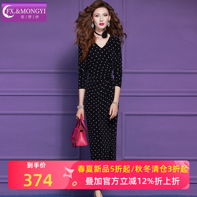 菲梦伊波点黑色连衣裙女春季法式轻熟高级性感修身V领开叉长裙子