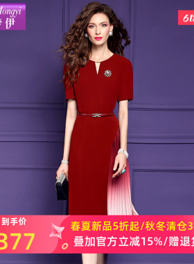 菲梦伊红色连衣裙女夏装高端优雅端庄大气时尚修身渐变色百褶裙子