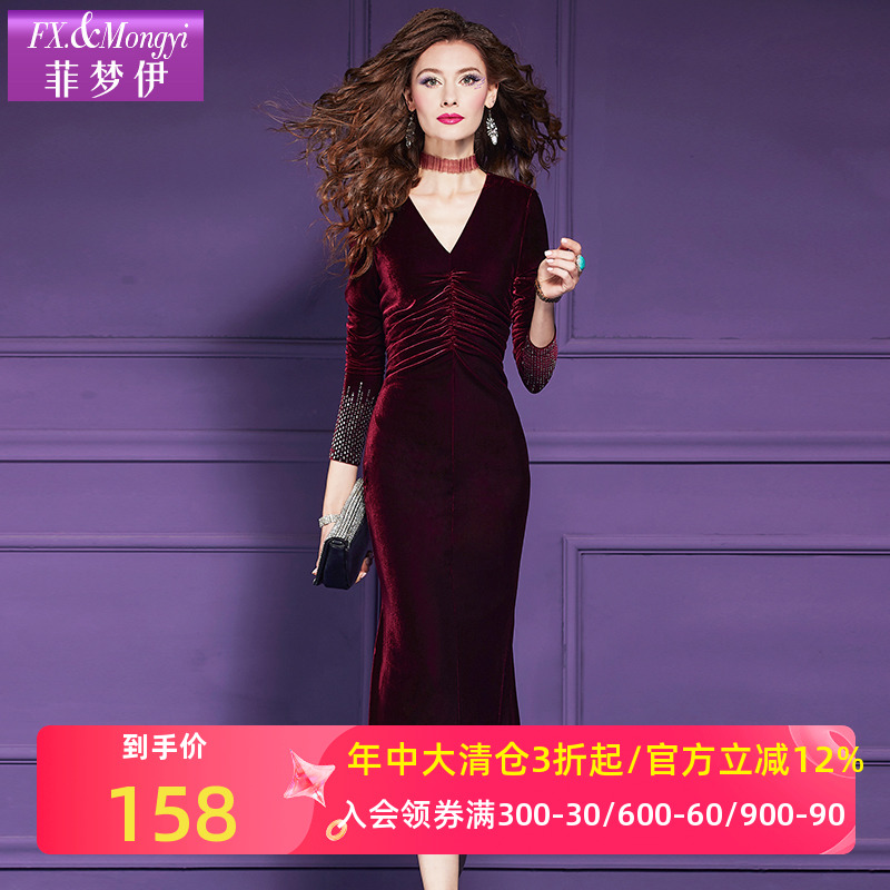 菲梦伊金丝绒连衣裙女春季新款轻熟气质女人味褶皱修身中长裙礼服