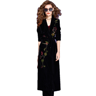 菲梦伊金丝绒绣花黑色套装女秋季复古中长款西装外套大衣阔腿裤子