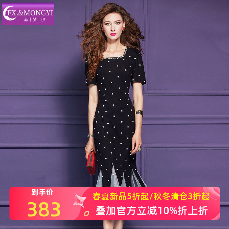 菲梦伊钉珠印花黑色连衣裙女短袖夏季法式设计感优雅方领鱼尾裙子