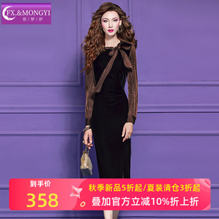 菲梦伊蝴蝶结系带金丝绒连衣裙女秋冬轻奢名媛修身褶皱打底裙礼服