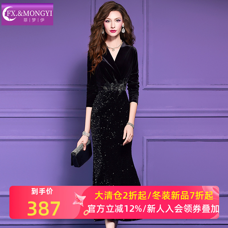菲梦伊原创钉珠镶钻金丝绒连衣裙女秋装轻熟高级收腰性感礼服长裙