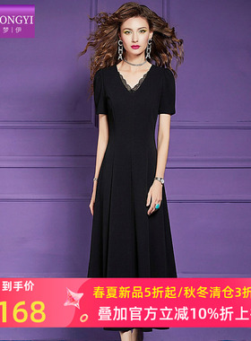 菲梦伊蕾丝边黑色连衣裙女短袖夏季法式高级感赫本收腰V领大摆裙