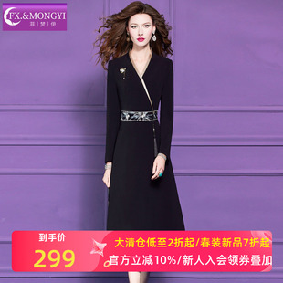 菲梦伊原创绣花黑色连衣裙女冬季国风设计感修身V领中长款大摆裙