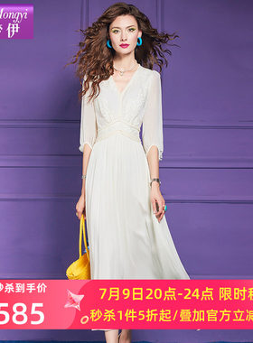 菲梦伊桑蚕丝钉珠绣花白色连衣裙女夏季高端真丝拼接收腰超仙长裙