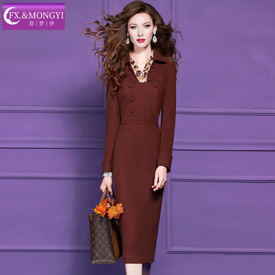 菲梦伊含羊毛亮片红色衬衫连衣裙女冬季翻领加厚双排扣中长款裙子