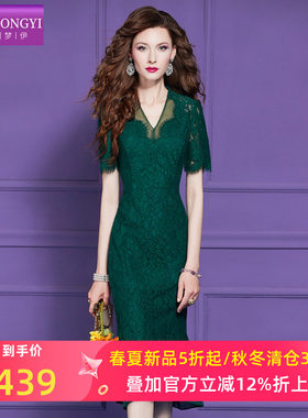 菲梦伊绿色蕾丝连衣裙女短袖夏季轻熟名媛高端气质女人味修身裙子