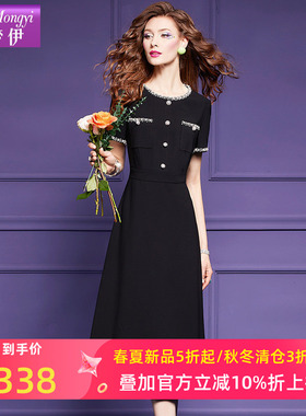 菲梦伊原创钉珠黑色连衣裙女短袖夏装法式赫本风名媛气质A字裙子