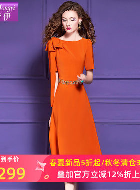 菲梦伊钉珠连衣裙女短袖夏季法式高级感别致独特修身中长款礼服裙