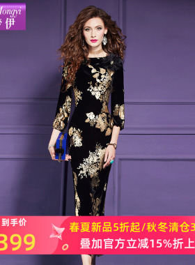 菲梦伊印花黑色金丝绒连衣裙女春季阔太太高贵优雅气质长裙子礼服