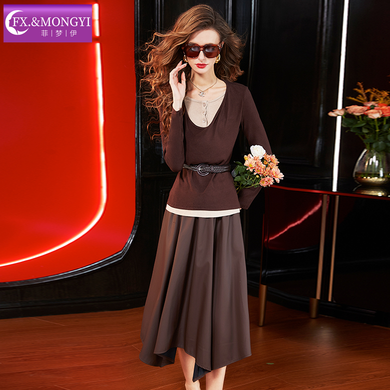 【直播专享】菲梦伊省心搭配一整套女秋季时尚打底衫t恤半身皮裙