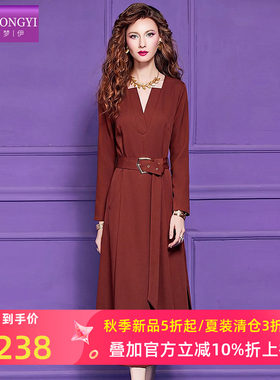 菲梦伊衬衫连衣裙女长袖秋季轻熟简约风收腰系带V领中长款打底裙
