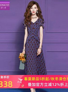 菲梦伊印花荷叶边连衣裙女短袖夏季复古高腰时尚减龄度假风长裙子