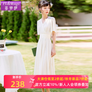独特设计感收腰V领超仙裙子 法式 菲梦伊钉珠白色连衣裙女短袖 夏装