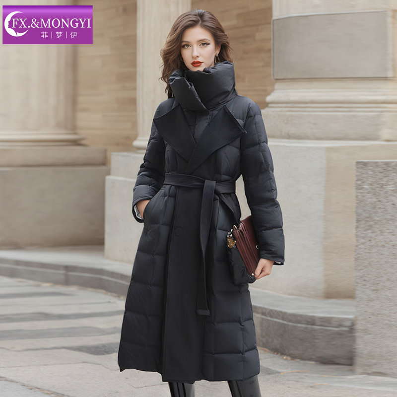 【直播专享】菲梦伊立领白鸭绒羽绒服女冬季系带修身中长款外套