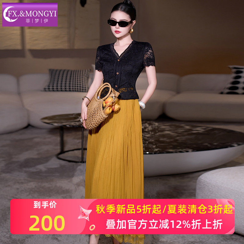 菲梦伊蕾丝连衣裙女短袖夏季轻熟高端名媛设计感小众V领百褶长裙图片