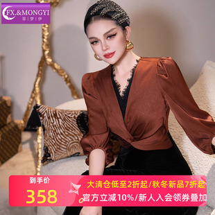 菲梦伊蕾丝边假两件连衣裙女秋装 复古收腰显瘦金丝绒礼服长裙 法式