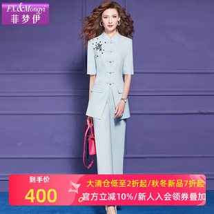 国风盘扣绣花西服上衣休闲裤 菲梦伊新中式 女夏季 套装 OL工作服 西装