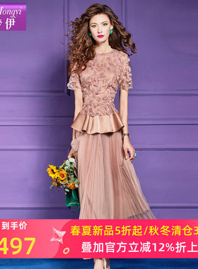 菲梦伊高级感时尚套装女夏季花朵荷叶边收腰上衣网纱半身裙两件套
