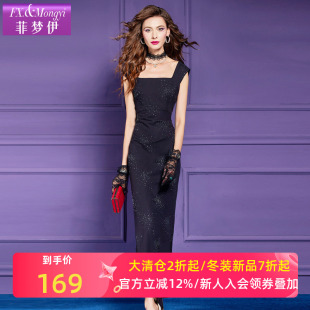 方领长裙晚礼服 轻熟高级性感修身 菲梦伊烫钻黑色无袖 连衣裙女夏季