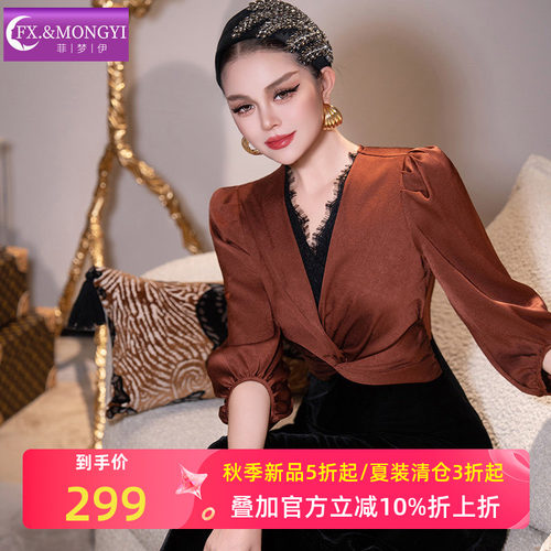 菲梦伊蕾丝边假两件连衣裙女春装法式复古收腰显瘦金丝绒礼服长裙