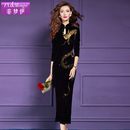 菲梦伊钉珠亮片黑色金丝绒连衣裙女秋装 国风复古盘扣改良旗袍裙子