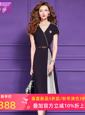 菲梦伊原创黑白拼接连衣裙女短袖夏季时尚别致设计感收腰V领裙子