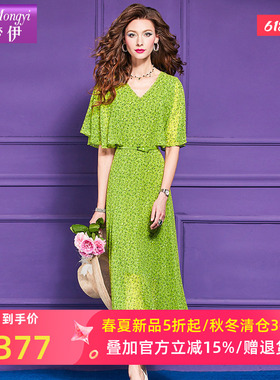 菲梦伊绿色印花连衣裙女短袖夏季法式轻薄时尚收腰荷叶边度假长裙