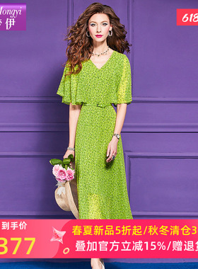 菲梦伊绿色印花连衣裙女短袖夏季法式轻薄时尚收腰荷叶边度假长裙
