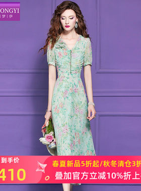 菲梦伊绿色印花连衣裙女短袖夏季轻薄透气减龄压褶收腰V领长裙子