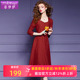 收腰中长裙新年衣服 本命年时尚 菲梦伊红色压花方领连衣裙女春装 款
