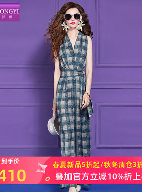 菲梦伊铜氨丝格子连体裤女夏季复古高腰时尚垂感气质V领阔腿裤子