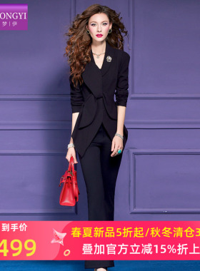 菲梦伊含羊毛黑色西装套装女春季设计感小众毛呢外套喇叭裤两件套