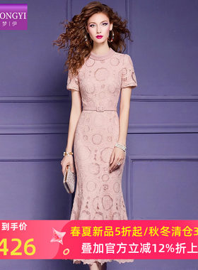 菲梦伊镂空钩花连衣裙女短袖夏季轻熟名媛女人味修身鱼尾裙子