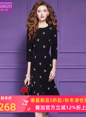 菲梦伊刺绣黑色连衣裙女春季新款富家千金感赫本风气质收腰鱼尾裙