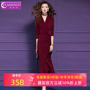 菲梦伊红色连衣裙女春季 轻熟性感女人味荷叶边V领打底长裙子 法式