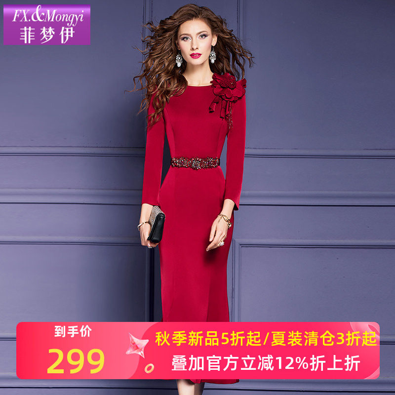 菲梦伊红色连衣裙女长袖图片
