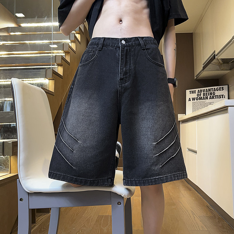 2025夏季宽松直筒无弹小众男女款五分牛仔裤XZ503-1DK519P45控68,男装牛仔裤,星座503-1