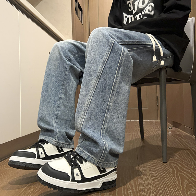 春秋季美式直筒宽松抽绳潮流百搭牛仔裤XZ503-1-K818P50-78,男装牛仔裤,星座503-1