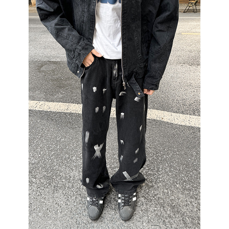2025新款扎染泼墨小众设计微喇直筒牛仔裤XZ503-K842P55控78,男装牛仔裤,星座503-1