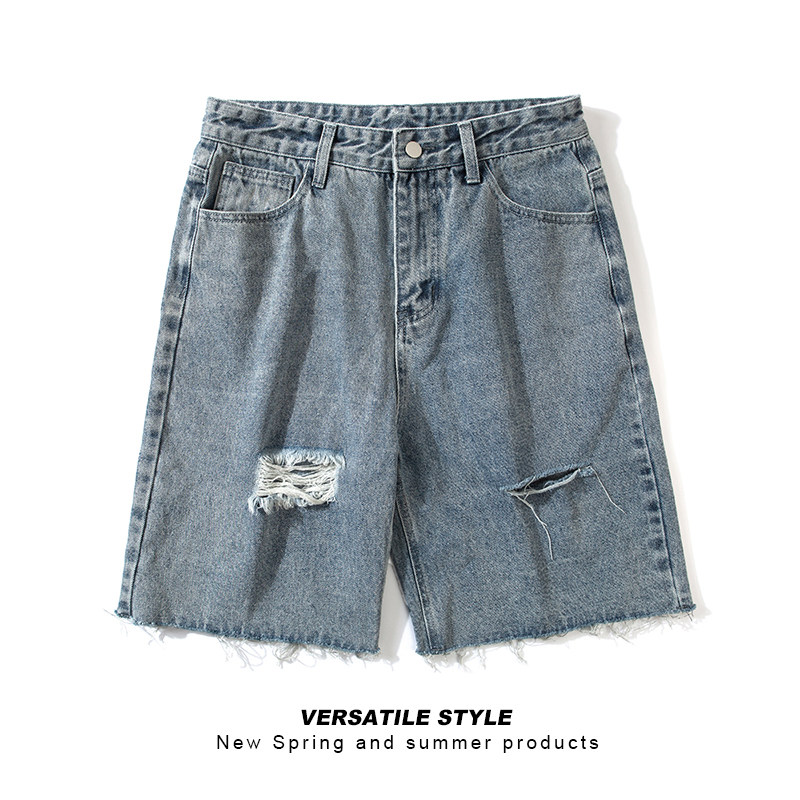 破洞水洗纯色直筒毛边五分牛仔短裤XZ503-1DK507P45控58，男装牛仔裤，星座503-1