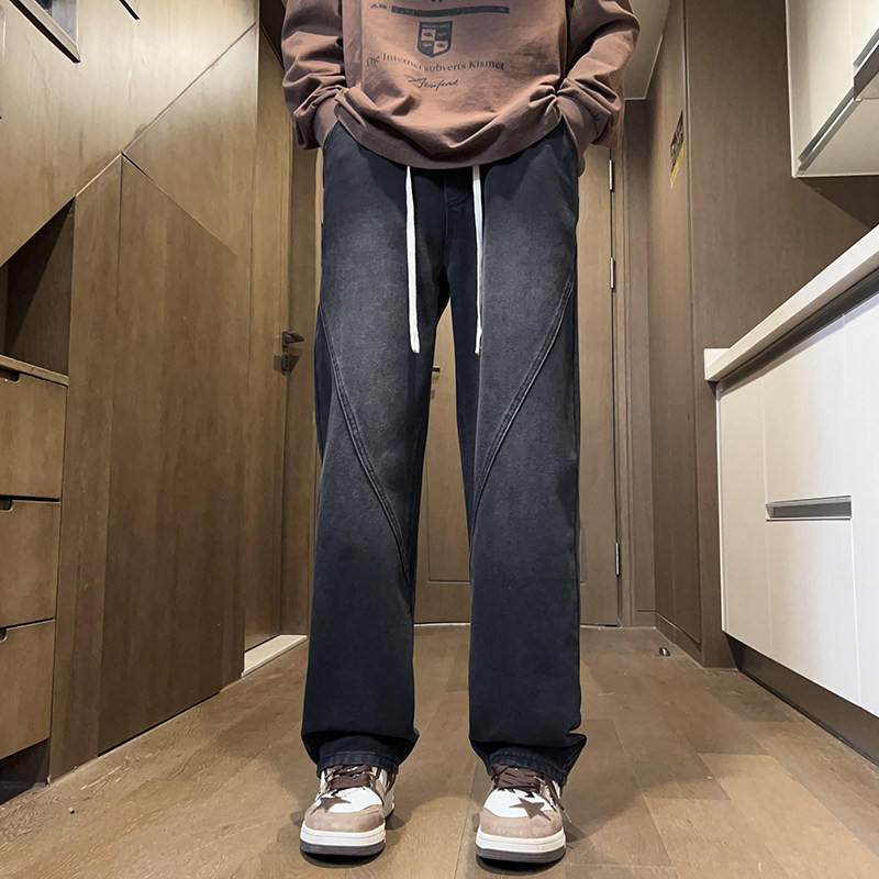 2025春秋季拼接纯色美式男女款直筒百搭牛仔裤XZ503-1K823P55控78图片