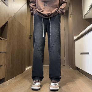 2025春秋季拼接纯色美式男女款直筒百搭牛仔裤XZ503-1K823P55控78图片