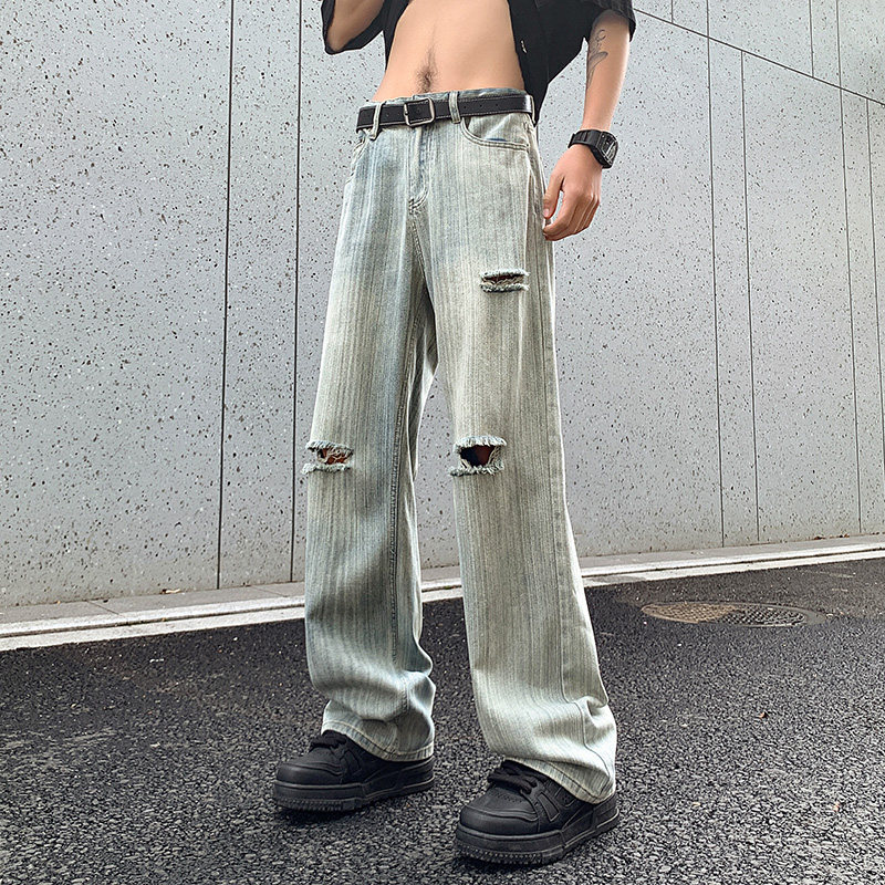 2024竹节纹牛仔男女款破洞纯色宽松直筒裤XZ503-1K826P60控88,男装休闲裤,星座503-1