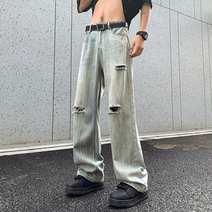 2024竹节纹牛仔男女款破洞纯色宽松直筒裤XZ503-1K826P60控88
