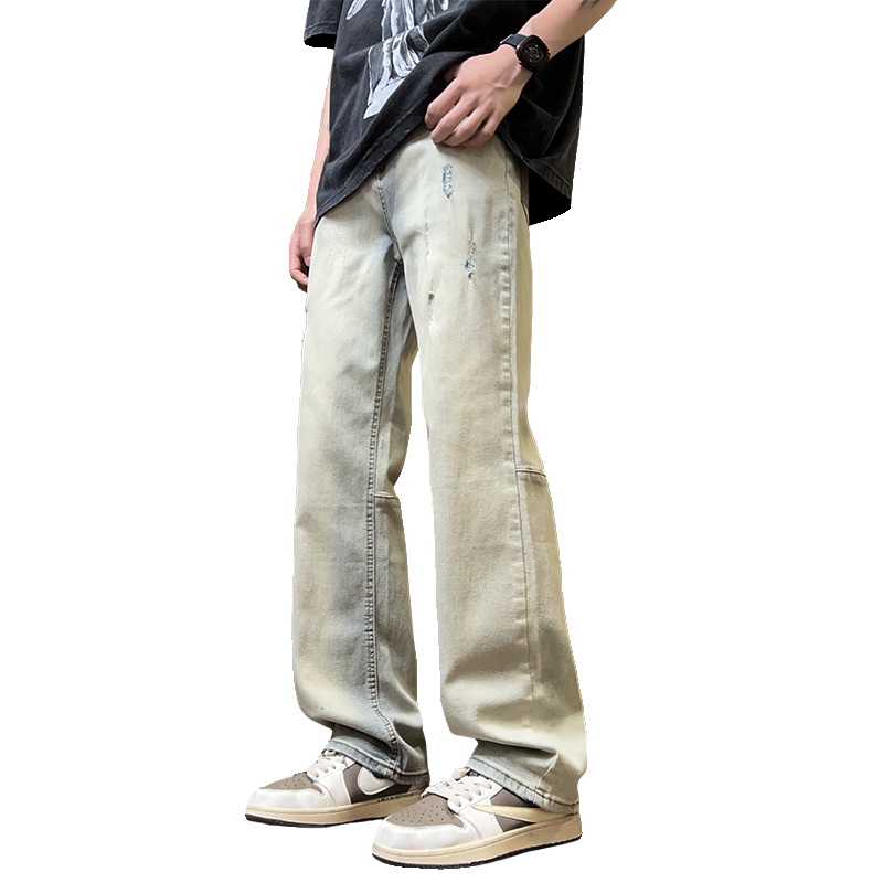 2025夏季拼接白色破洞弹力修身薄款牛仔裤XZ503-1K828-P55控78,男装牛仔裤,星座503-1
