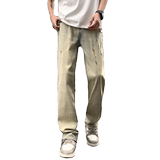 2025夏季拼接泥黄色破洞弹力修身薄款牛仔裤XZ503-1K828-P55控78，男装牛仔裤，星座503-1